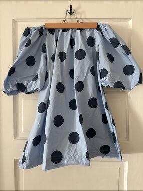Light Blue Off-Shoulder Mini Dress with Navy Polka Dots